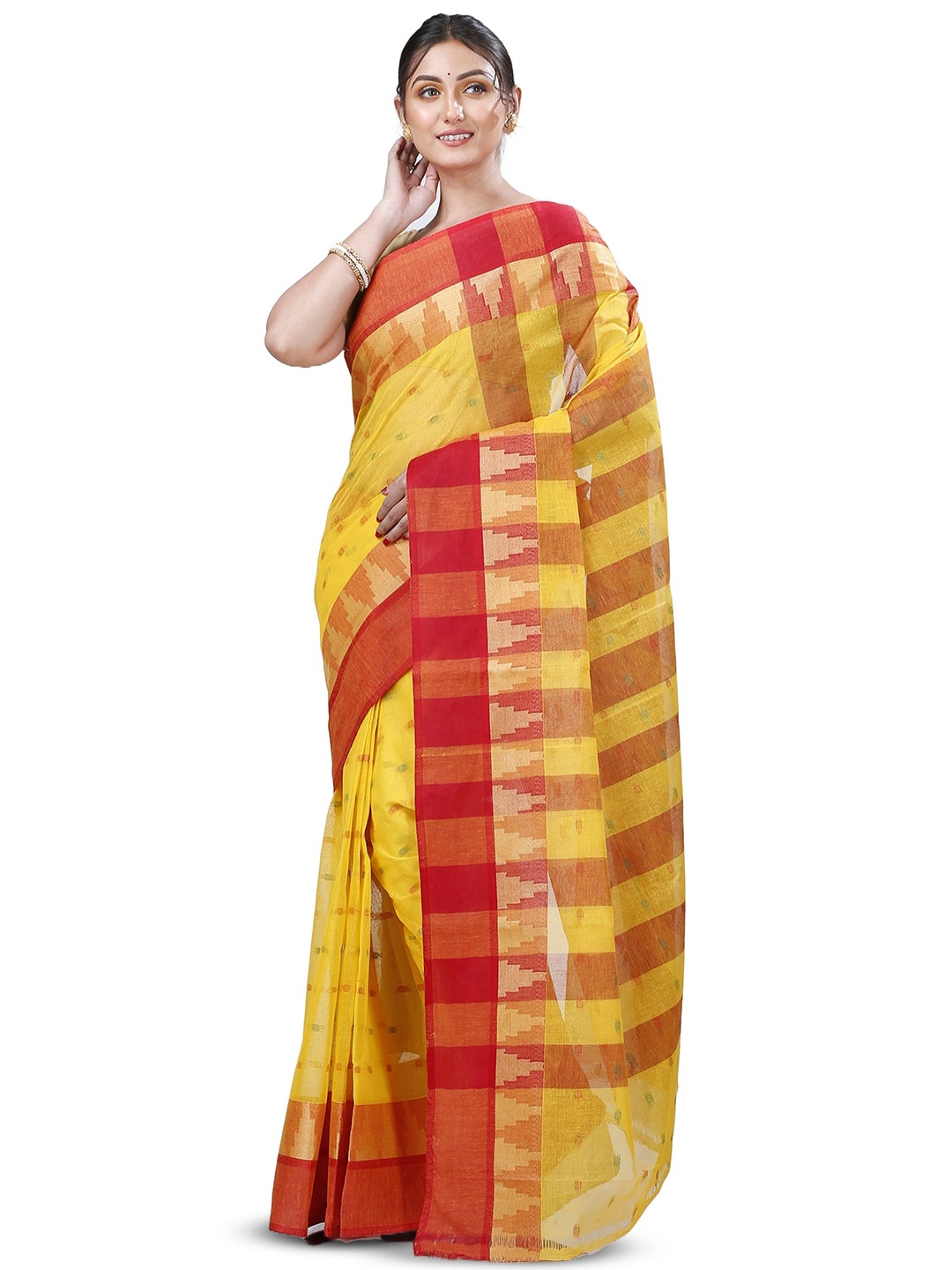 

PuJoy Ethnic Motifs Woven Design Pure Cotton Taant Saree, Yellow