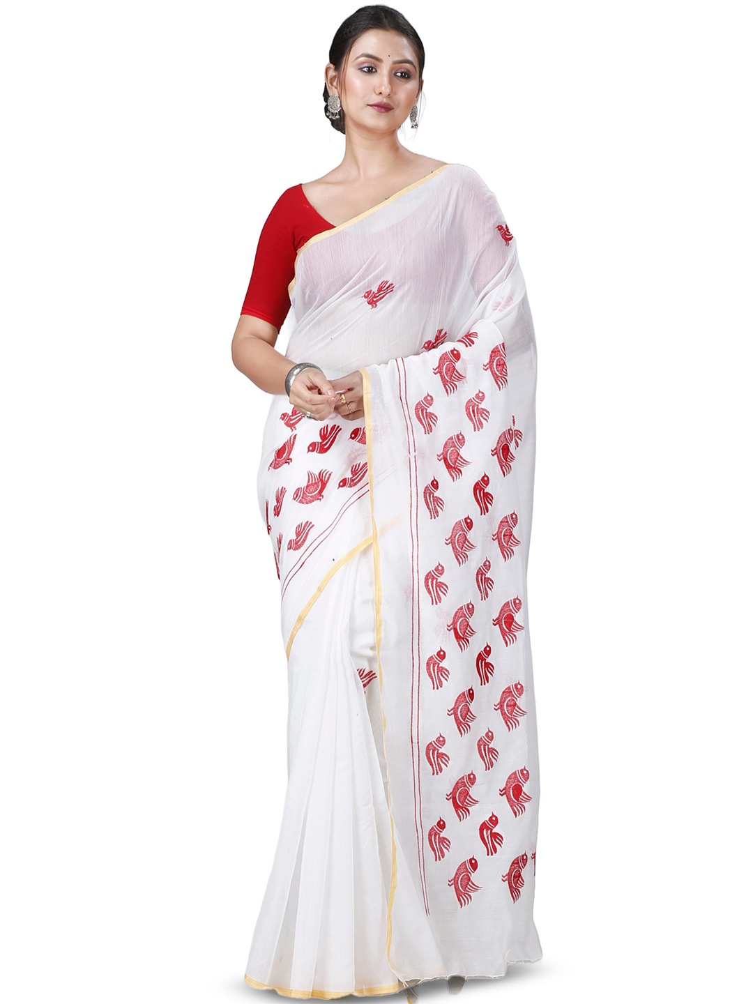 

PuJoy Ethnic Motifs Woven Design Taant Saree, White