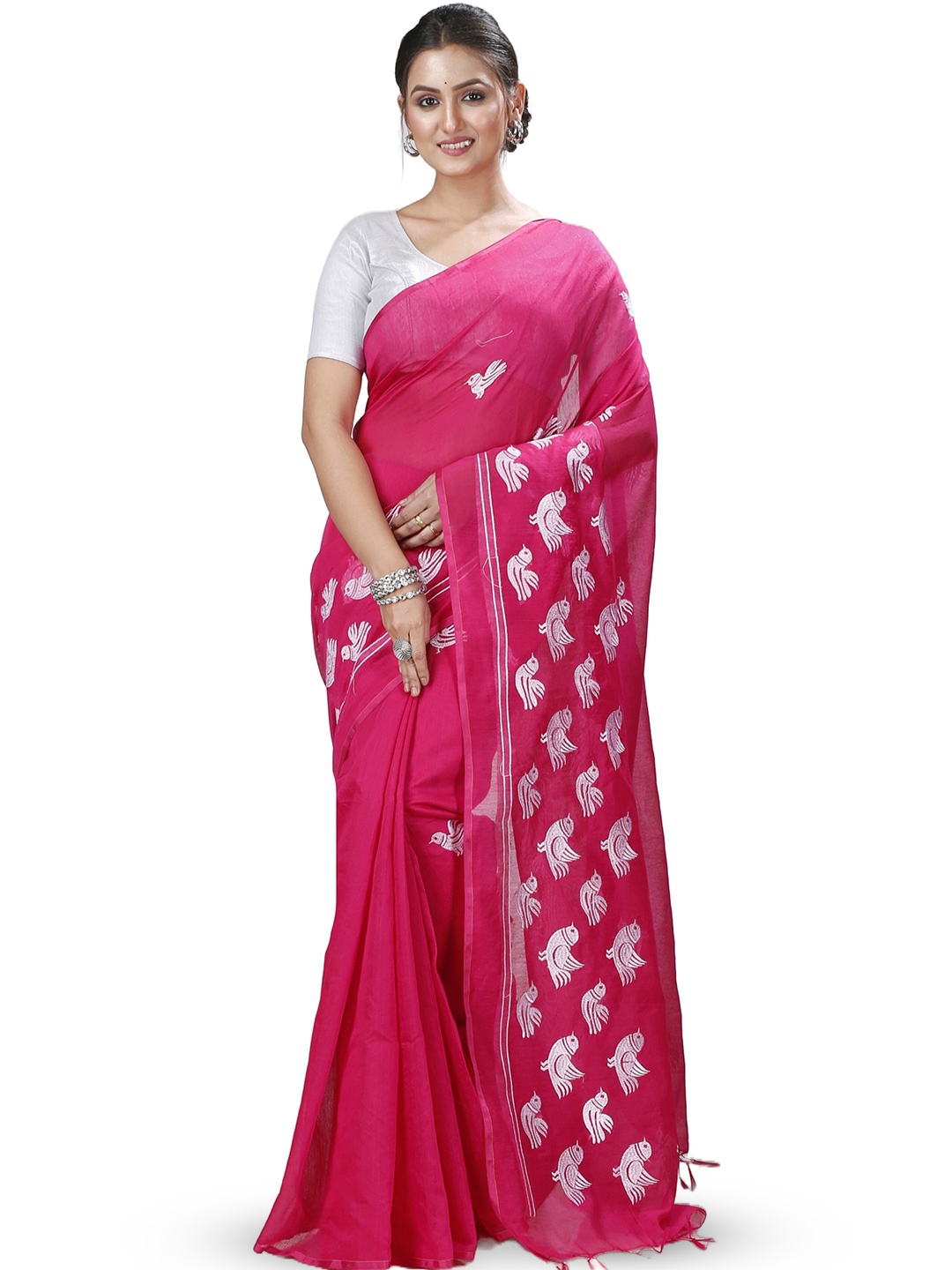 

PuJoy Ethnic Motifs Woven Design Taant Saree, Pink