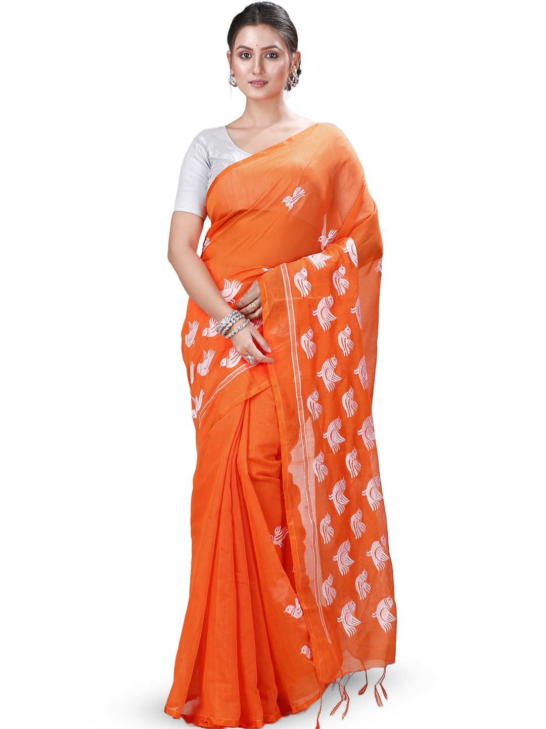 

PuJoy Ethnic Motifs Woven Design Taant Saree, Orange