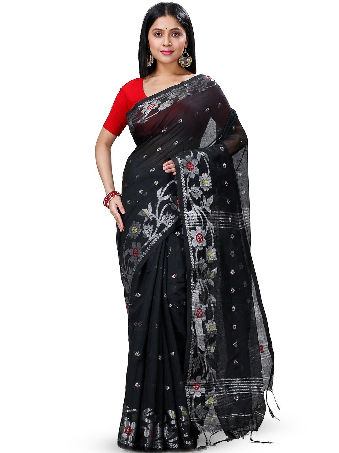 

PuJoy Floral Woven Design Zari Taant Saree, Black