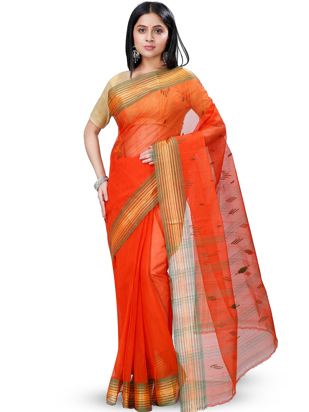 

PuJoy Abstract Woven Design Pure Cotton Taant Saree, Orange