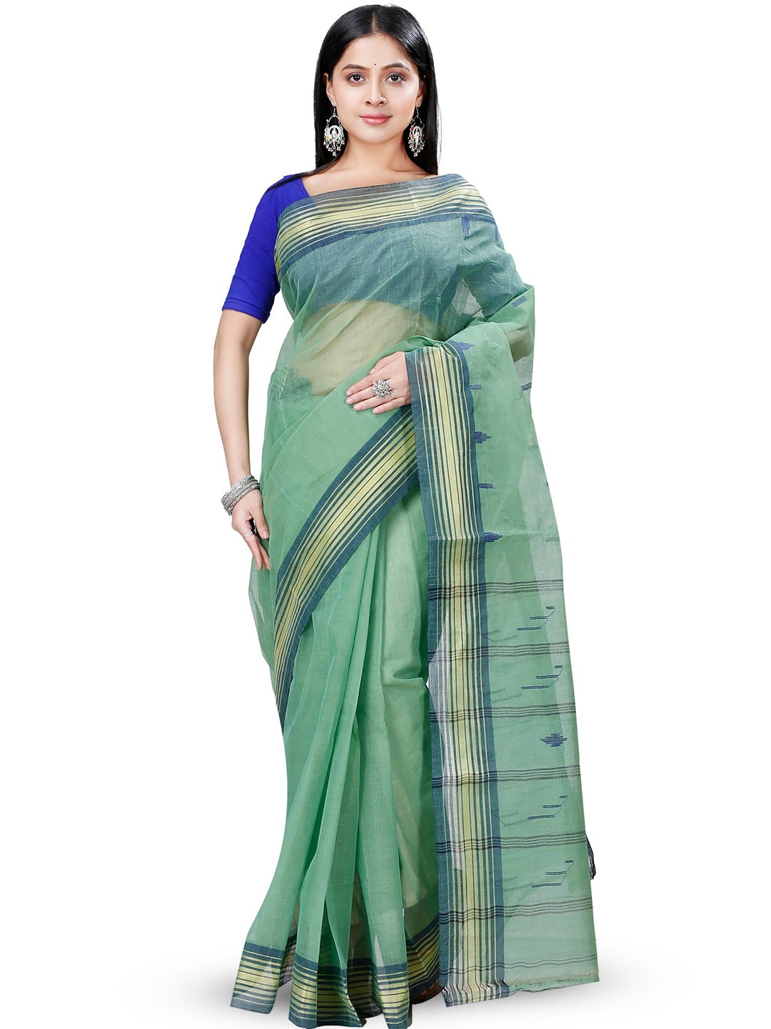 

PuJoy Abstract Woven Design Pure Cotton Taant Saree, Green
