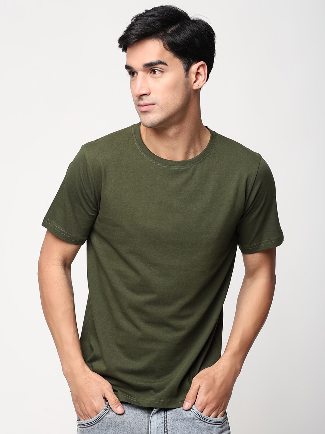 

STATUS MANTRA Round Neck Pure Cotton T-shirt, Olive
