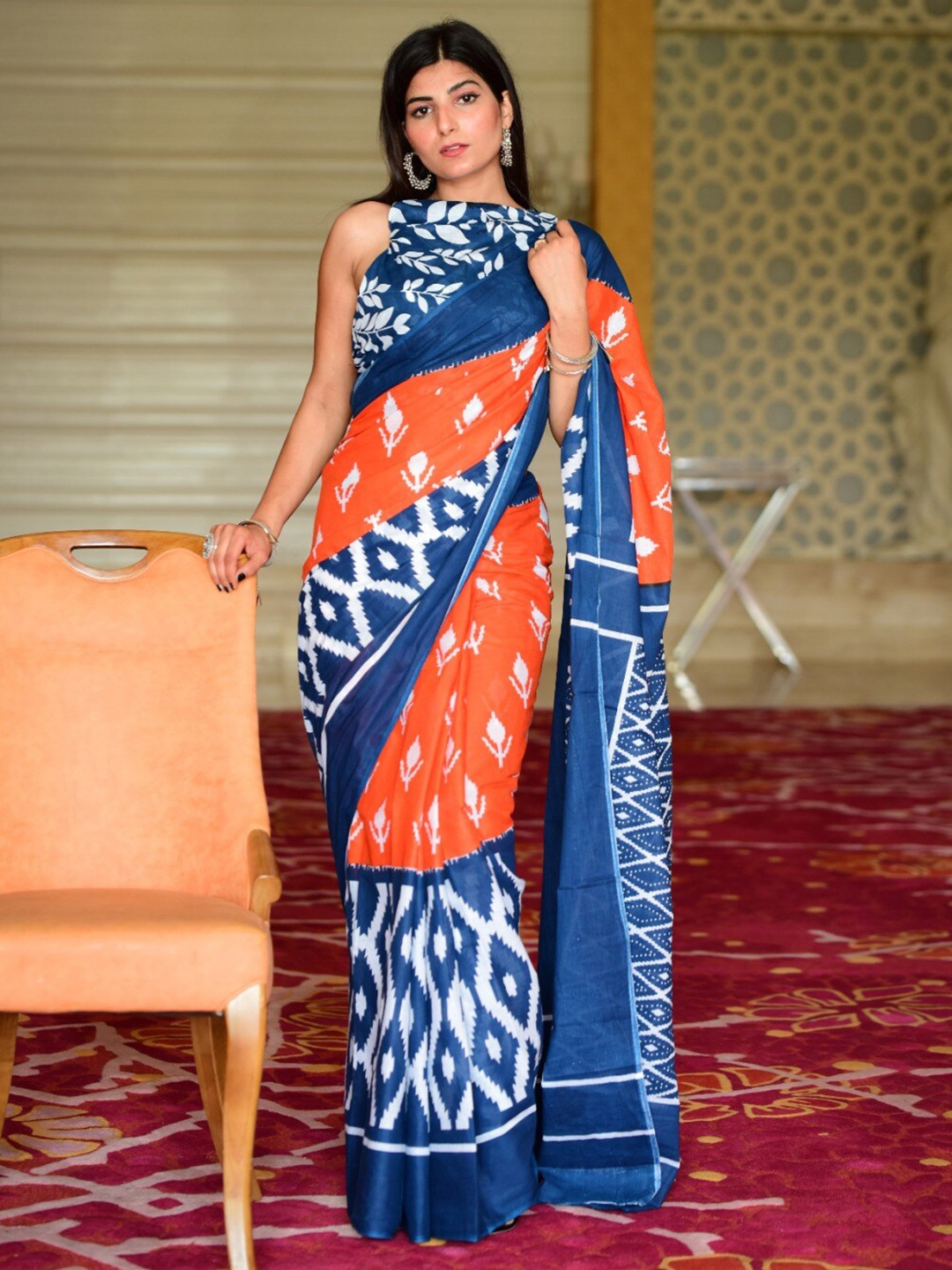 

TROPWEAR Ethnic Printed Pure Cotton Block Print Saree, Orange