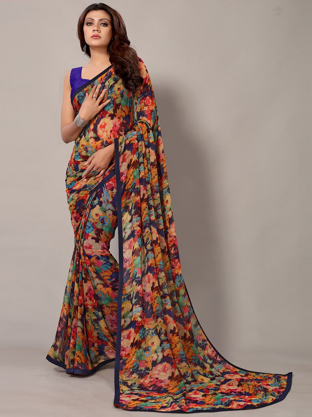 

Shaily Floral Printed Saree, Navy blue