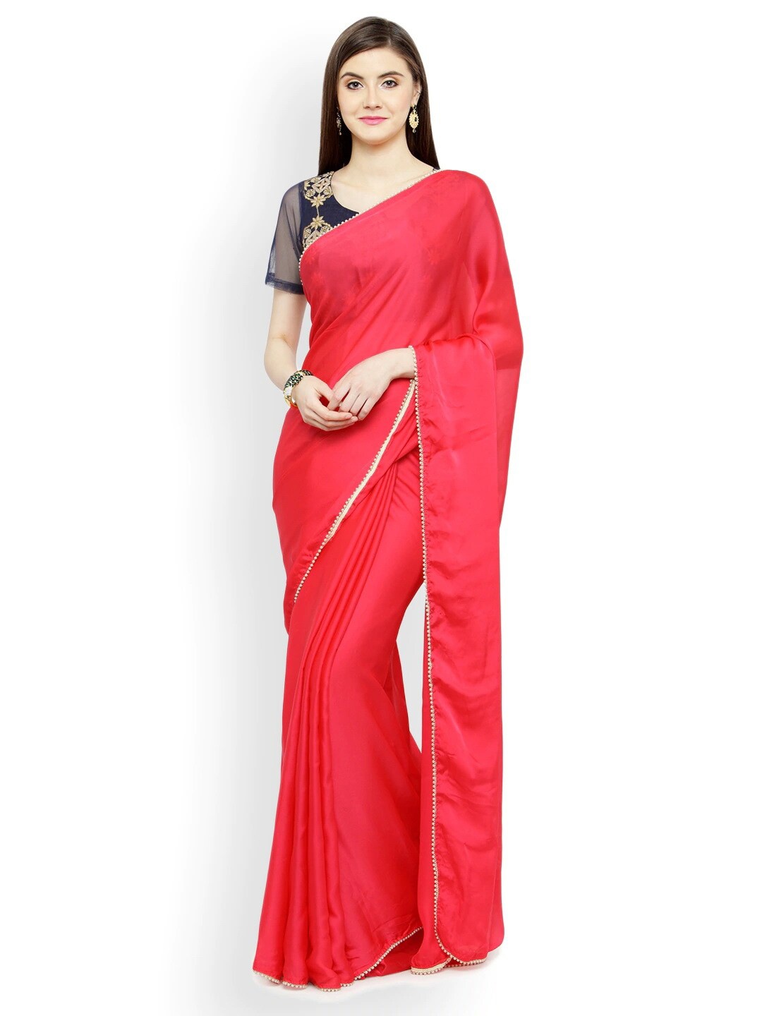 

Shaily Satin Embellished Beads and Stones Border Saree, Pink