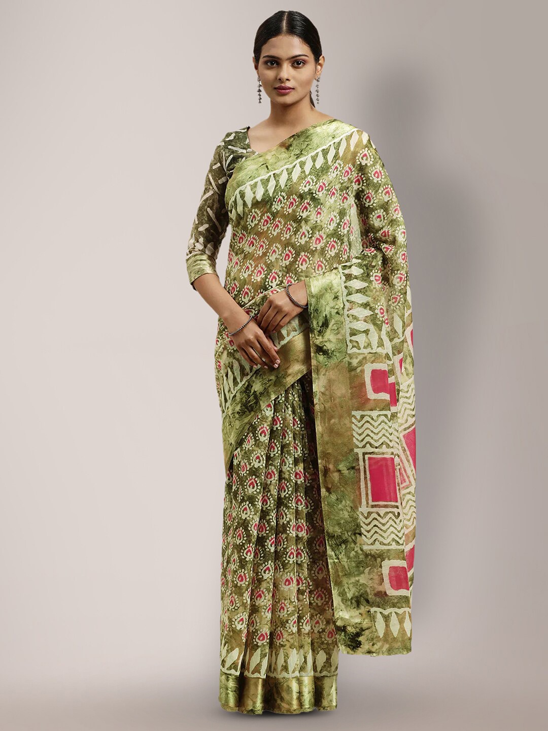 

Shaily Ethnic Motifs Batik Printed Saree, Green