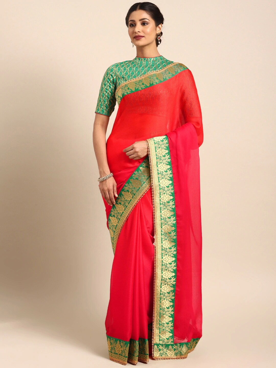 

Shaily Zari Beads and Stones Border Saree, Red