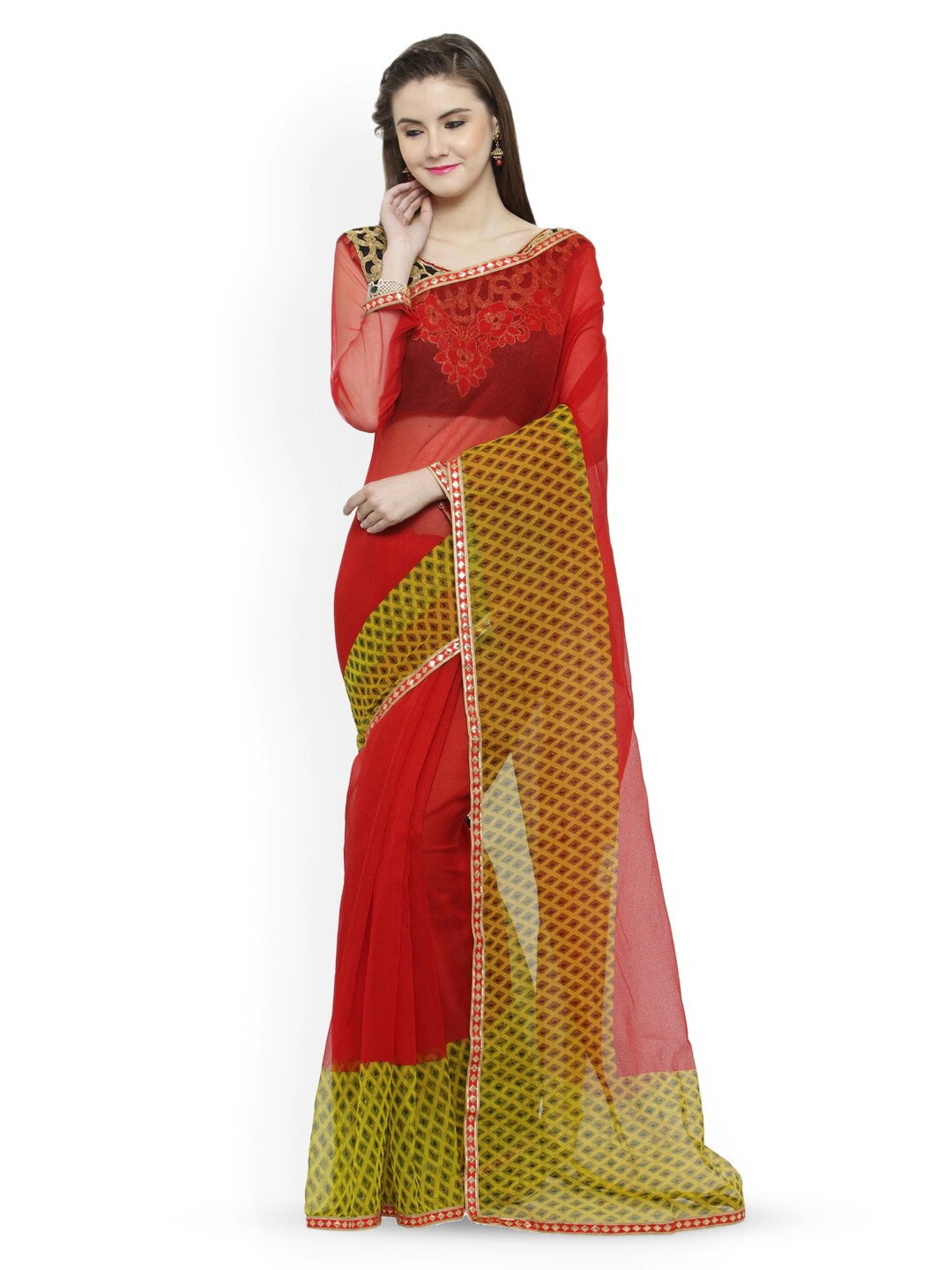 

Shaily Red Geometric Printed Net Saree