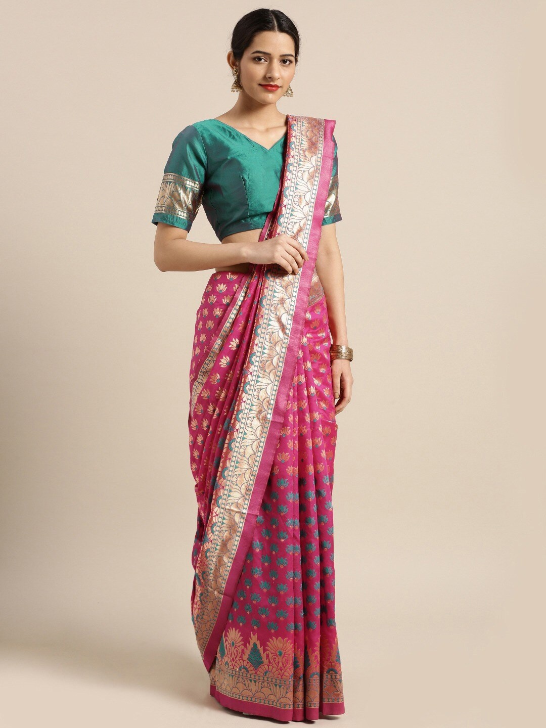 

Shaily Magenta Ethnic Motifs Woven Design Zari Saree