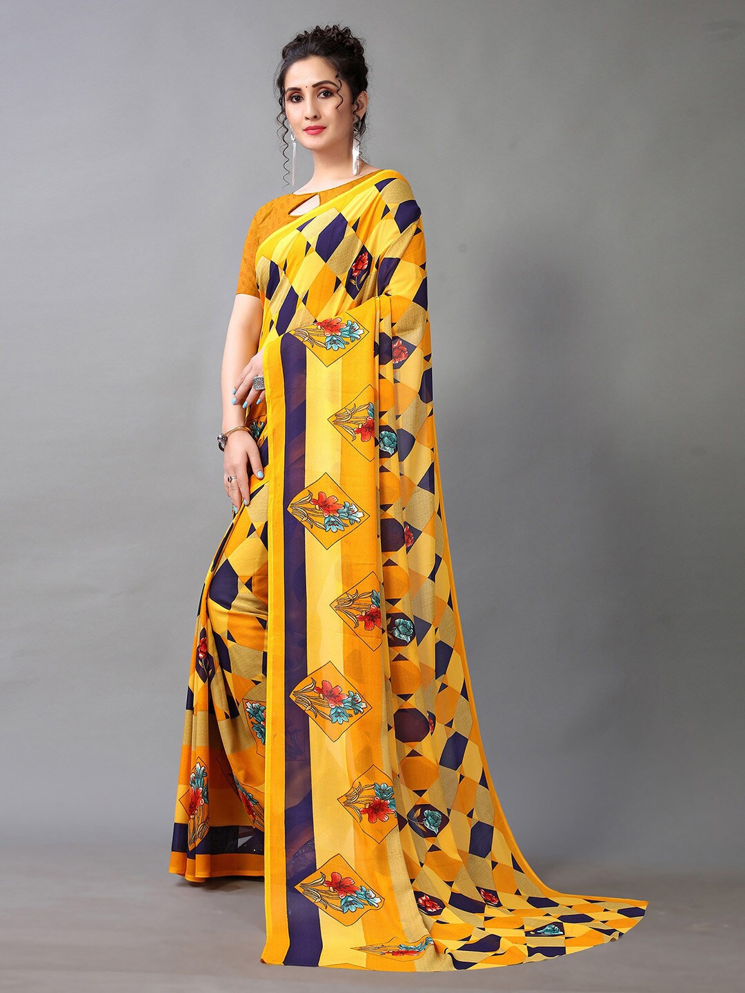 

Shaily Yellow & Blue Geometric Printed Saree