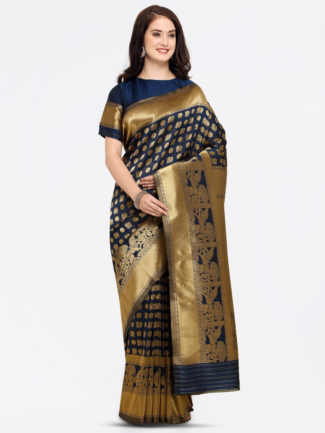 

Shaily Navy Blue Ethnic Motifs Woven Design Zari Saree