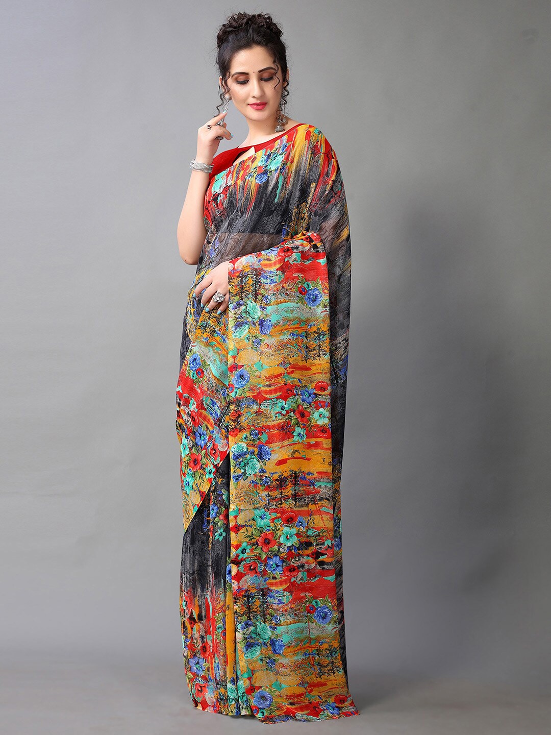 

Shaily Black & Red Floral Printed Saree