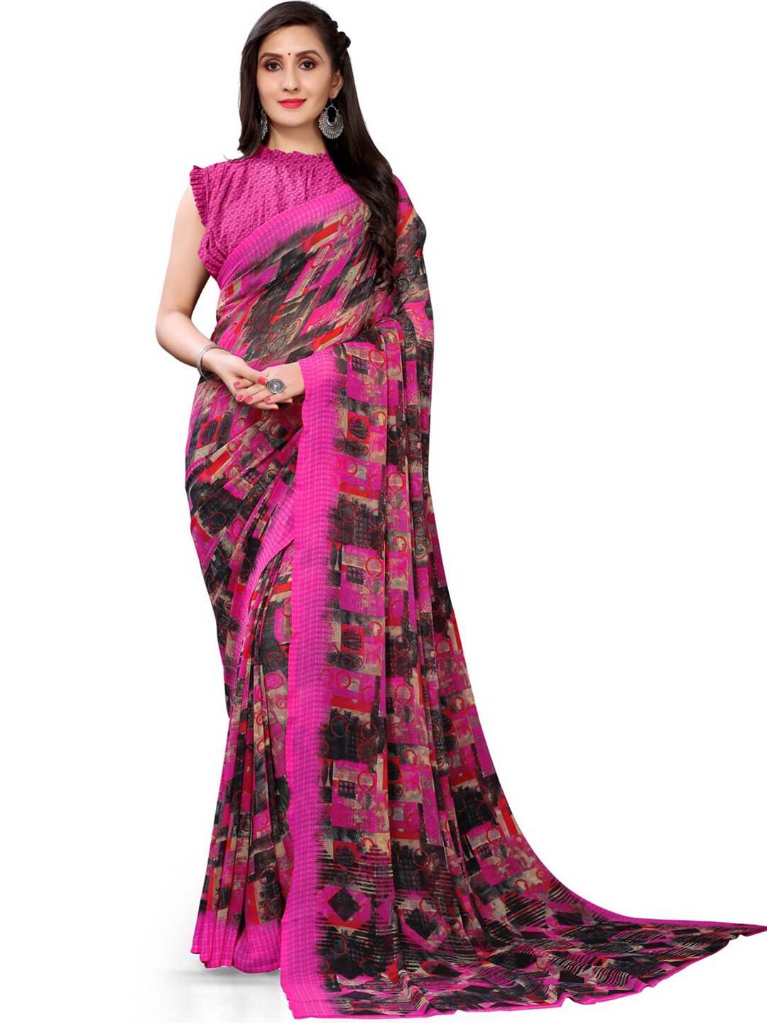 

Shaily Pink & Black Abstract Printed Saree