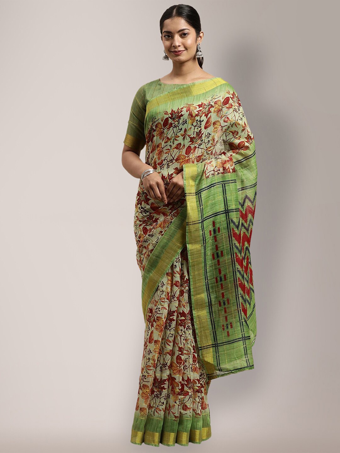 

Shaily Green Floral Printed Art Silk Saree
