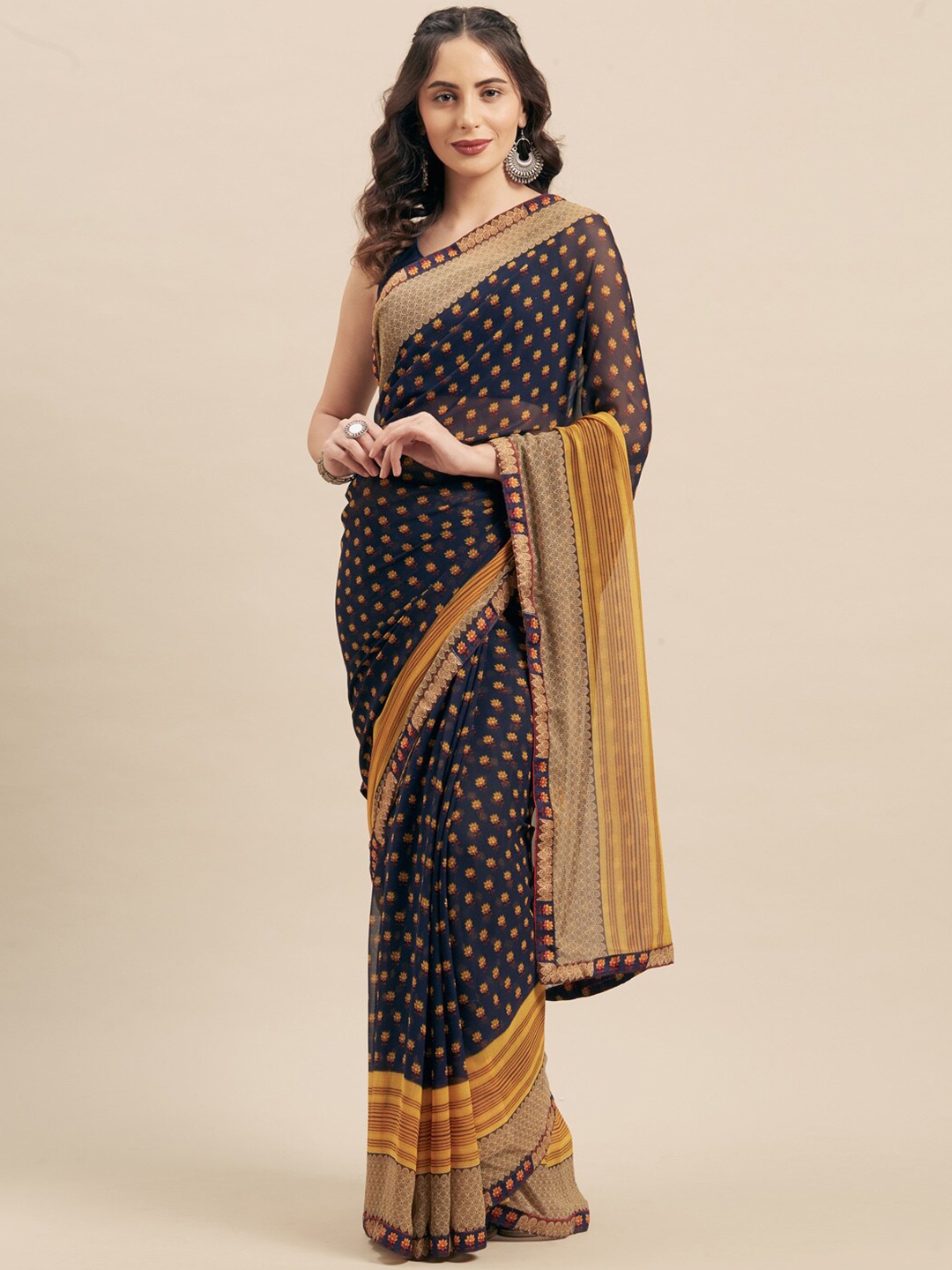 

Shaily Navy Blue Ethnic Motifs Printed Saree