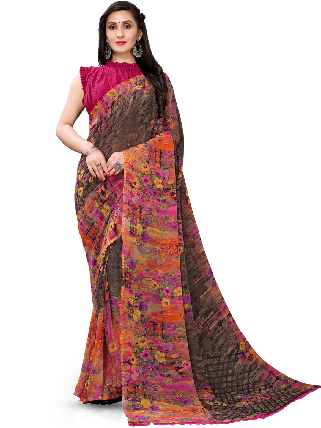 

Shaily Brown & Pink Floral Printed Saree