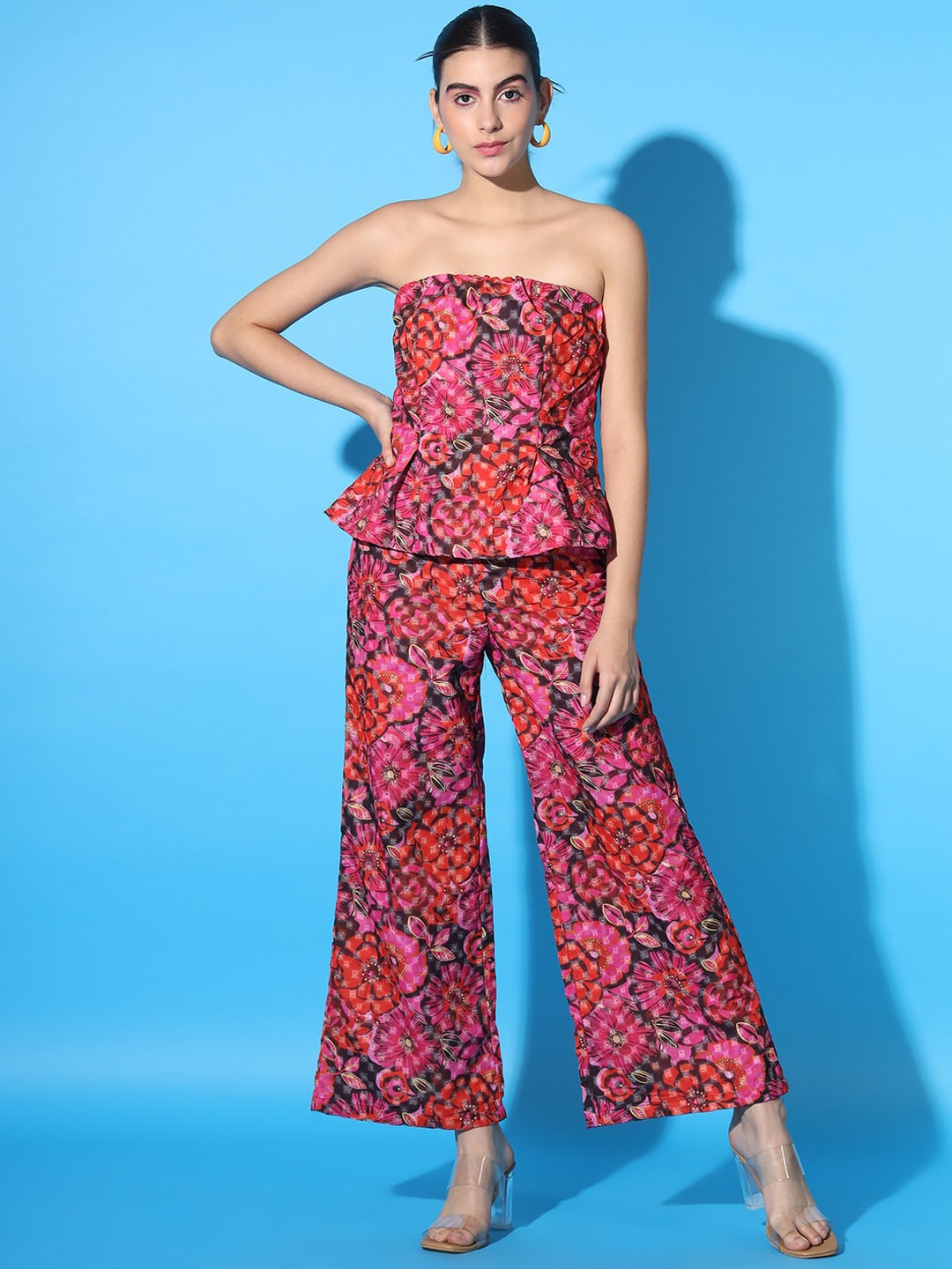 

SCORPIUS Printed Strapless Top With Trousers, Pink