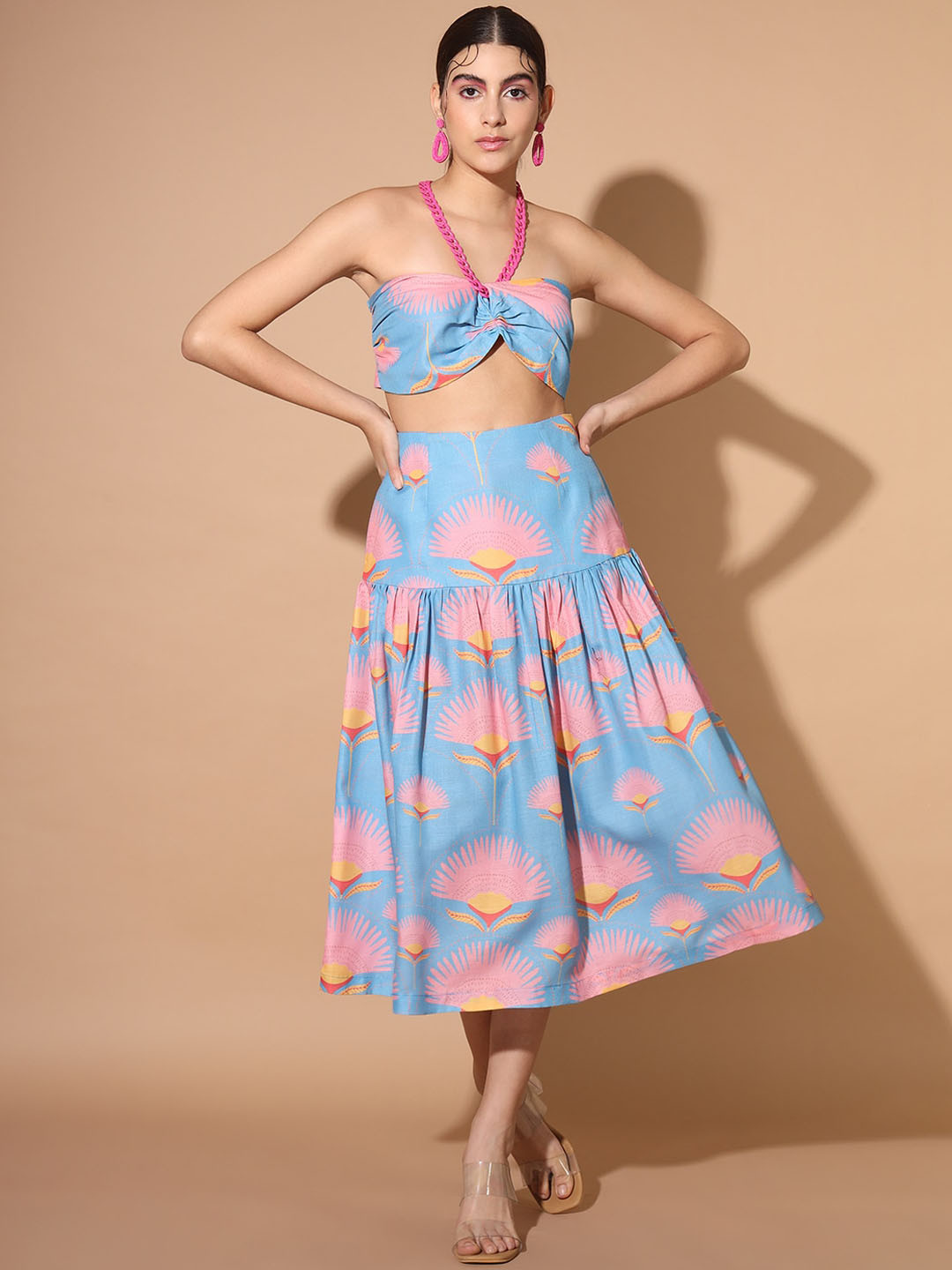 

SCORPIUS Printed Halter Neck Pure Cotton Crop Top With Skirt Co-Ords, Blue