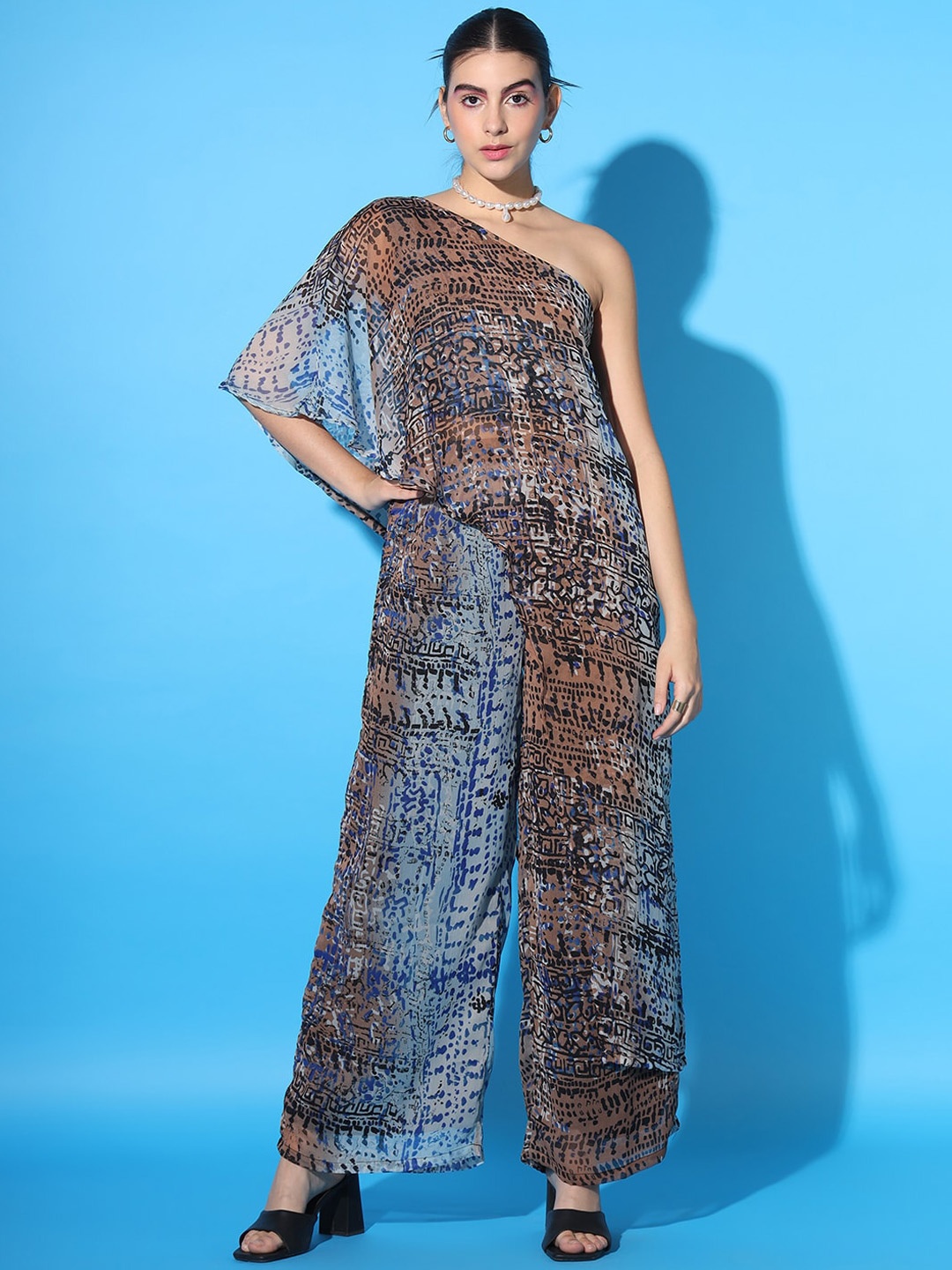 

SCORPIUS One Shoulder Neck Tunic With Flared Trouser, Blue