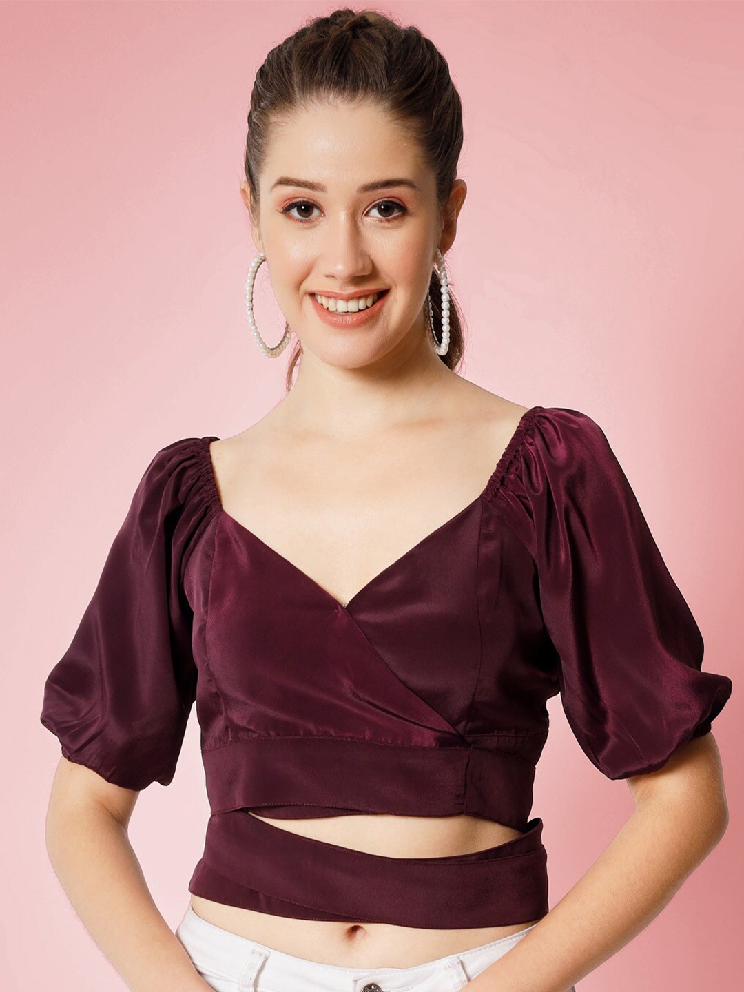 

CHARMGAL Puff Sleeves V-Neck Wrap Crop Top, Maroon