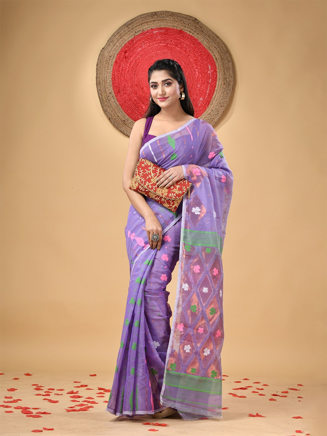 

DESH BIDESH Floral Woven Design Zari Jamdani Saree, Violet