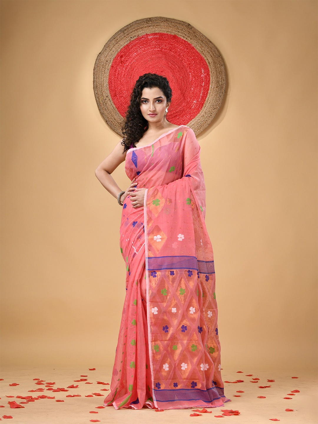 

DESH BIDESH Floral Woven Design Jamdani Saree, Pink