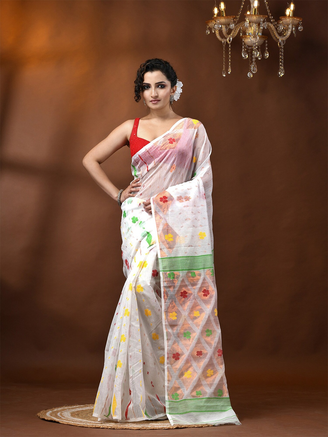 

DESH BIDESH Floral Woven Design Jamdani Saree, White