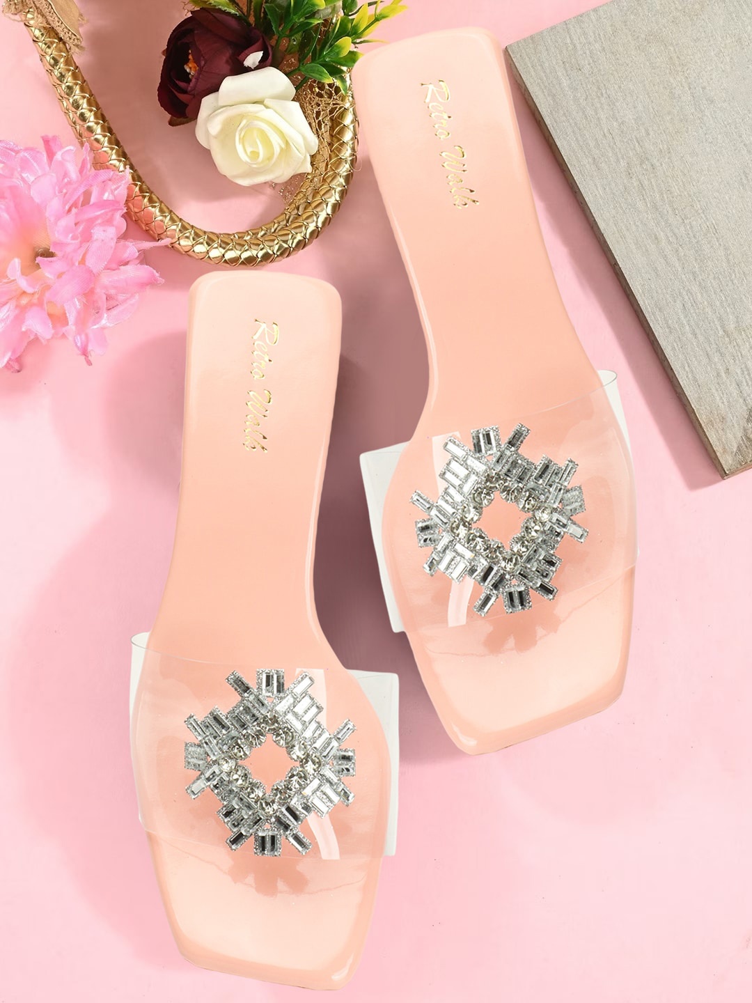 

Retro Walk Embellished Open Toe Block Heels, Pink