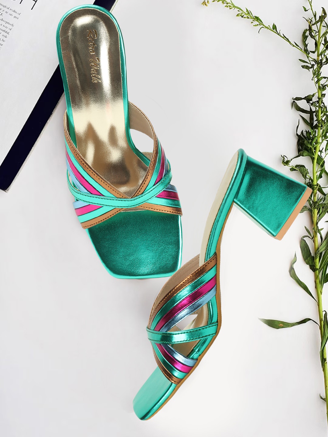 

Retro Walk Open Toe Striped Block Heels, Green
