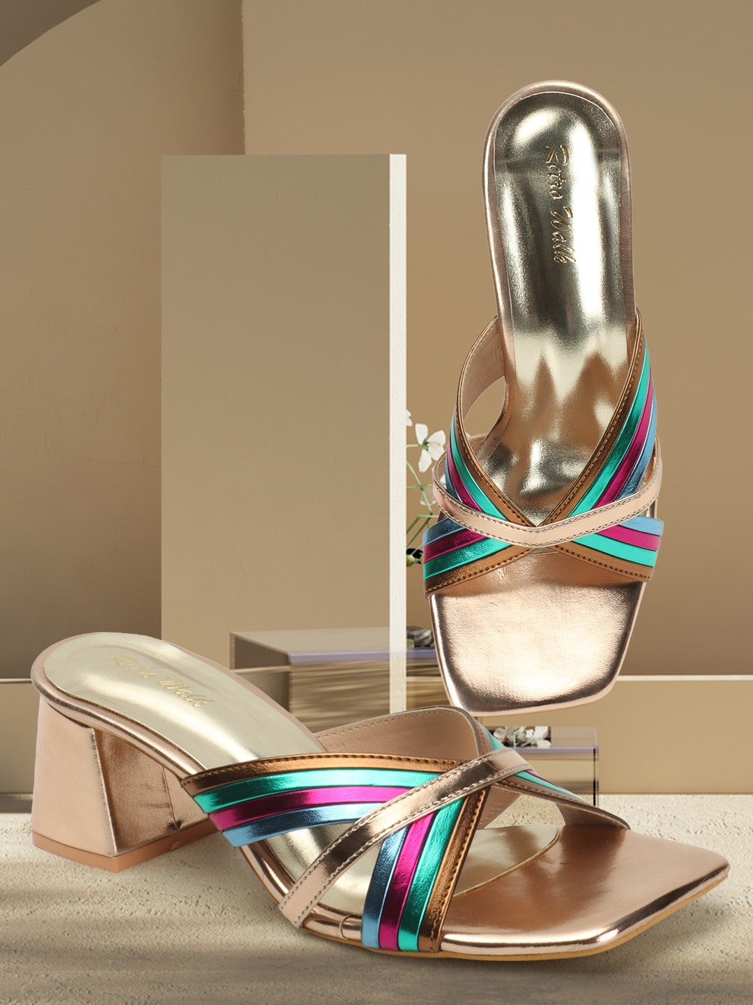 

Retro Walk Striped Open Toe Block Heels, Gold