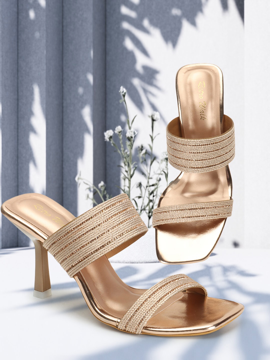 

Retro Walk Textured Embellished Detail Block Heels, Gold