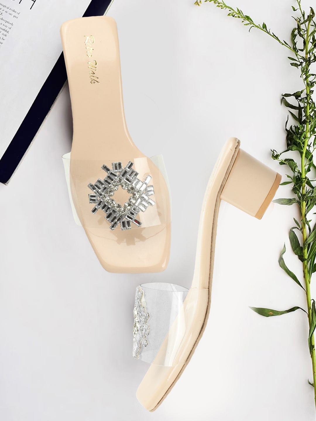 

Retro Walk Embellished Open Toe Block Heels, Cream