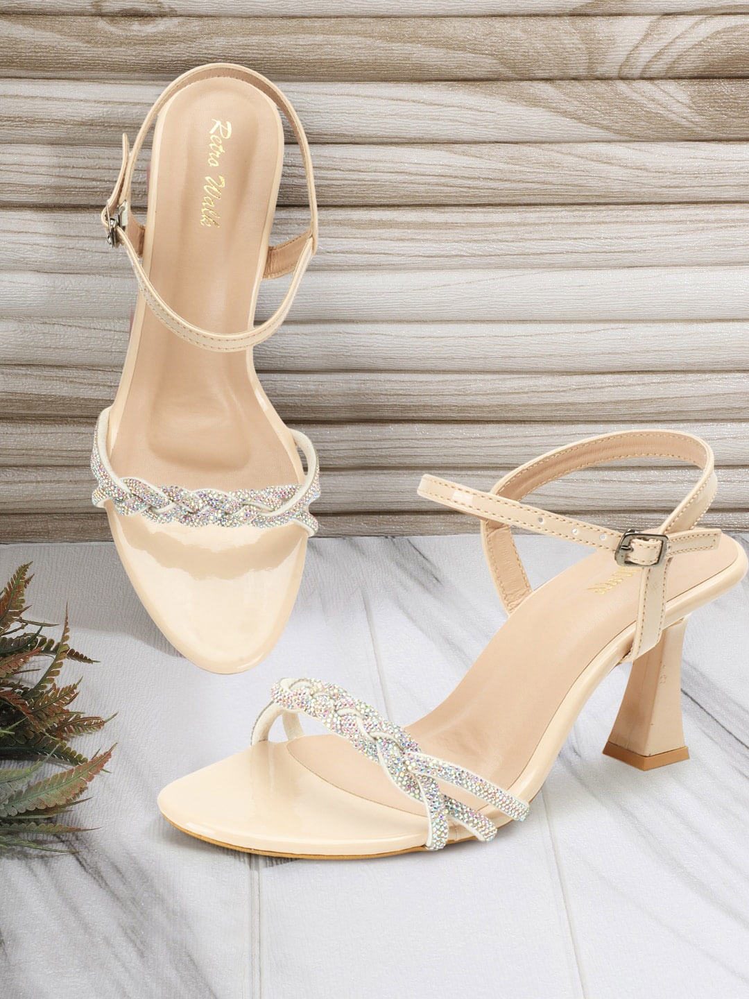 

Retro Walk Embellished Ope Toe Block Heels, Cream