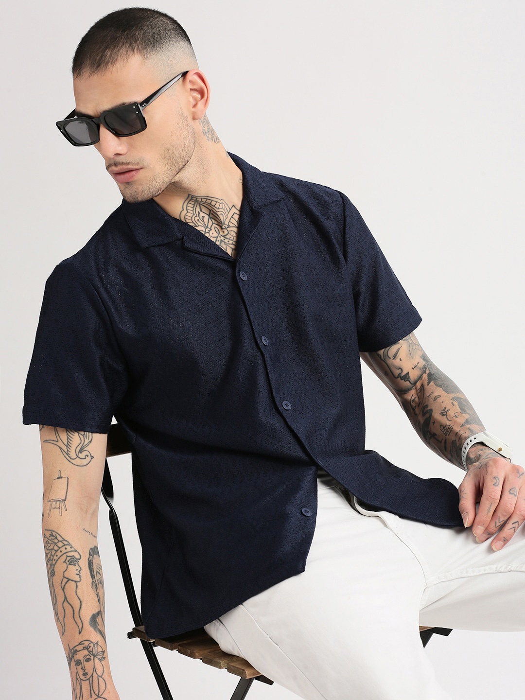 

SHOWOFF Standard Relaxed Fit Sheer Spread Collar Cotton Crochet Shirt, Navy blue