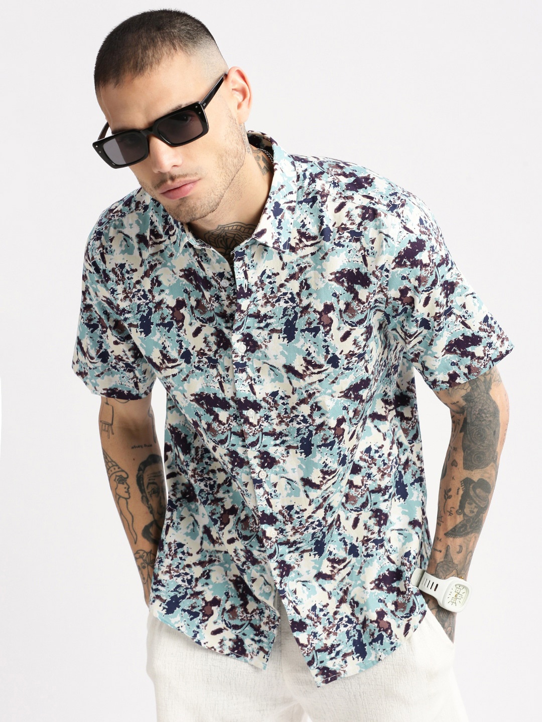 

SHOWOFF Smart Slim Fit Floral Printed Cotton Shirt, Sea green