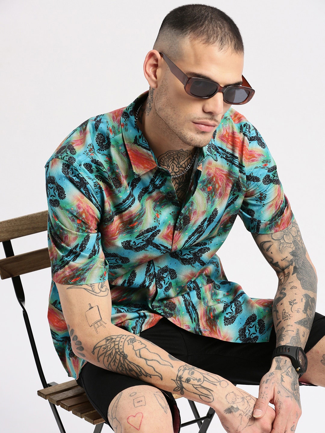 

SHOWOFF Smart Slim Fit Floral Printed Twill Cotton Casual Shirt, Turquoise blue