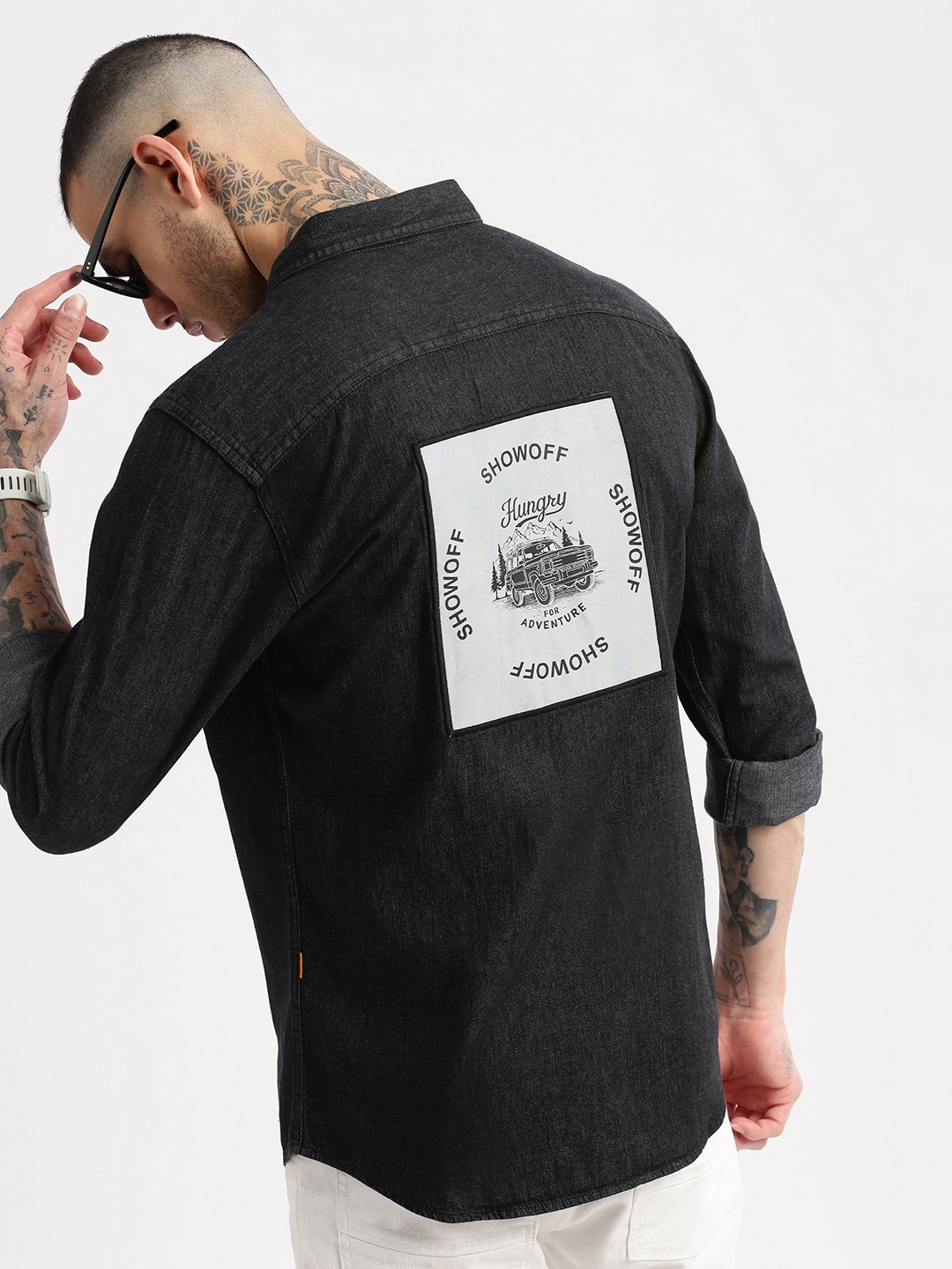 

SHOWOFF Standard Slim Fit Graphic Printed Denim Shirt, Black