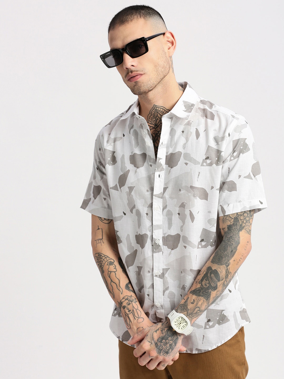 

SHOWOFF Smart Slim Fit Printed Cotton Casual Shirt, White