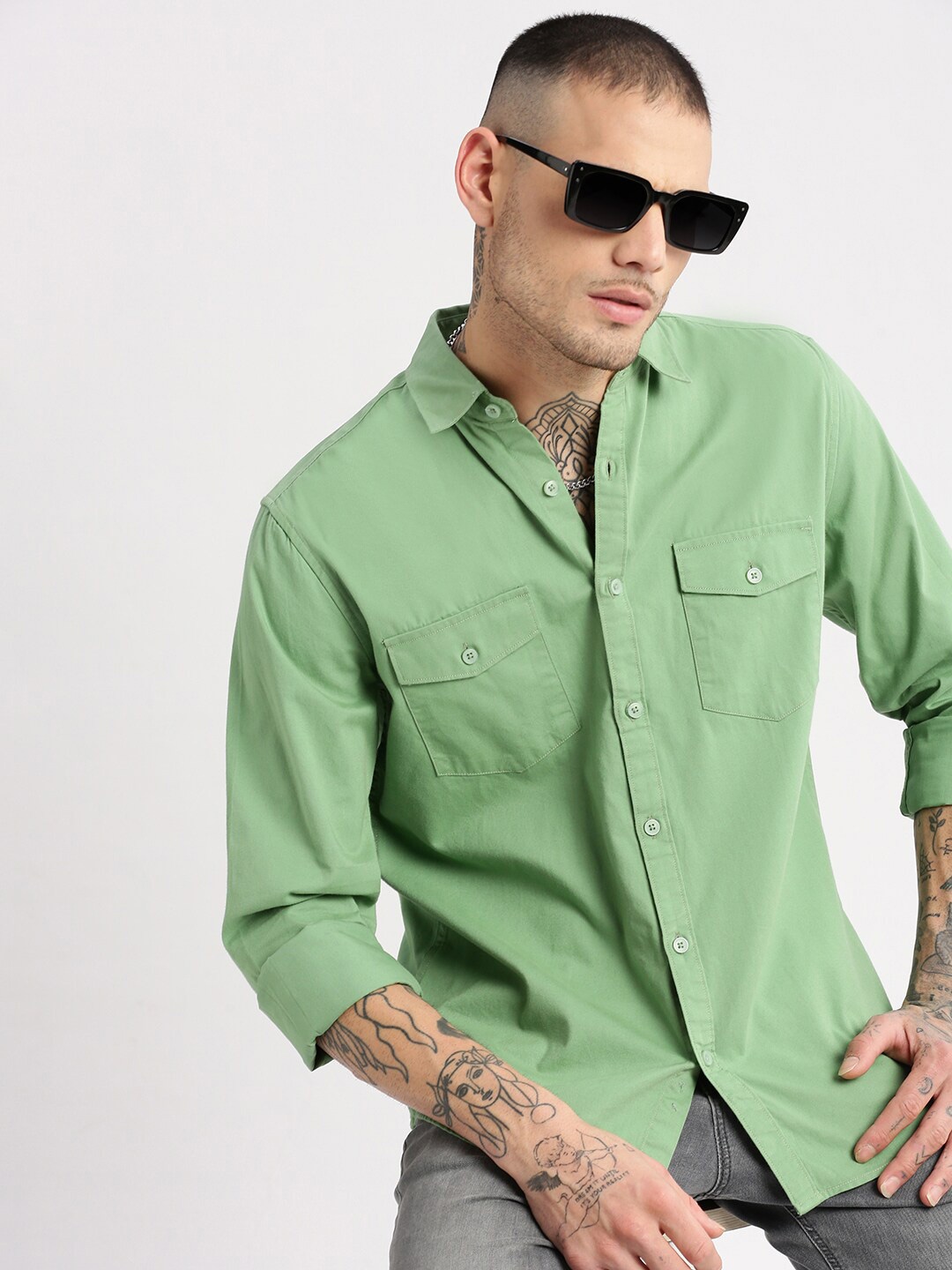 

SHOWOFF Standard Slim Fit Long Sleeves Twill Spread Collar Cotton Casual Shirt, Green