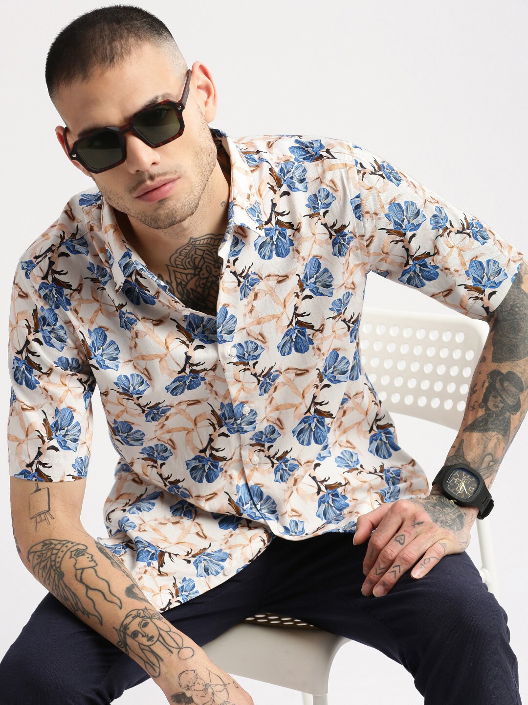 

SHOWOFF Smart Slim Fit Floral Printed Cotton Casual Shirt, Peach