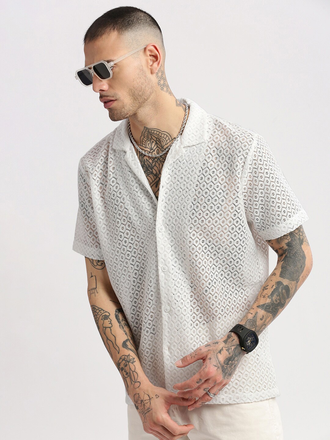 

SHOWOFF Self Designed Cuban Collar Cotton Relaxed Fit Crochet Shirt, White