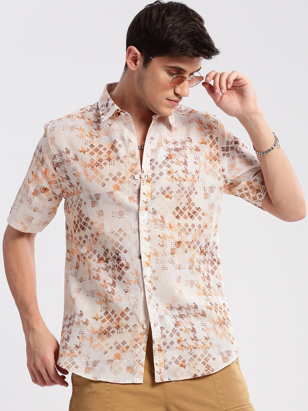 

SHOWOFF Smart Slim Fit Geometric Printed Cotton Shirt, Beige