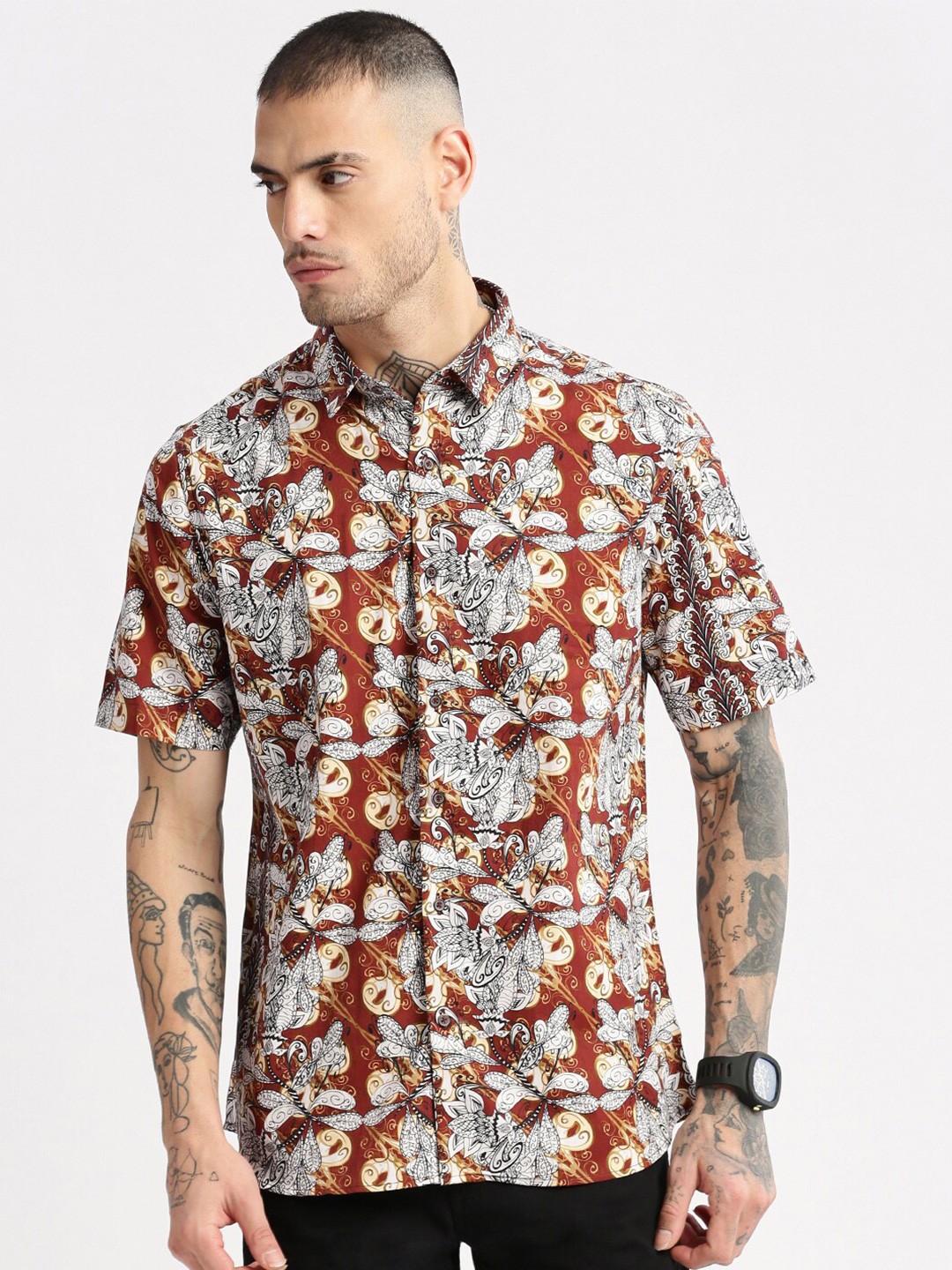 

SHOWOFF Smart Slim Fit Floral Opaque Printed Cotton Casual Shirt, Brown