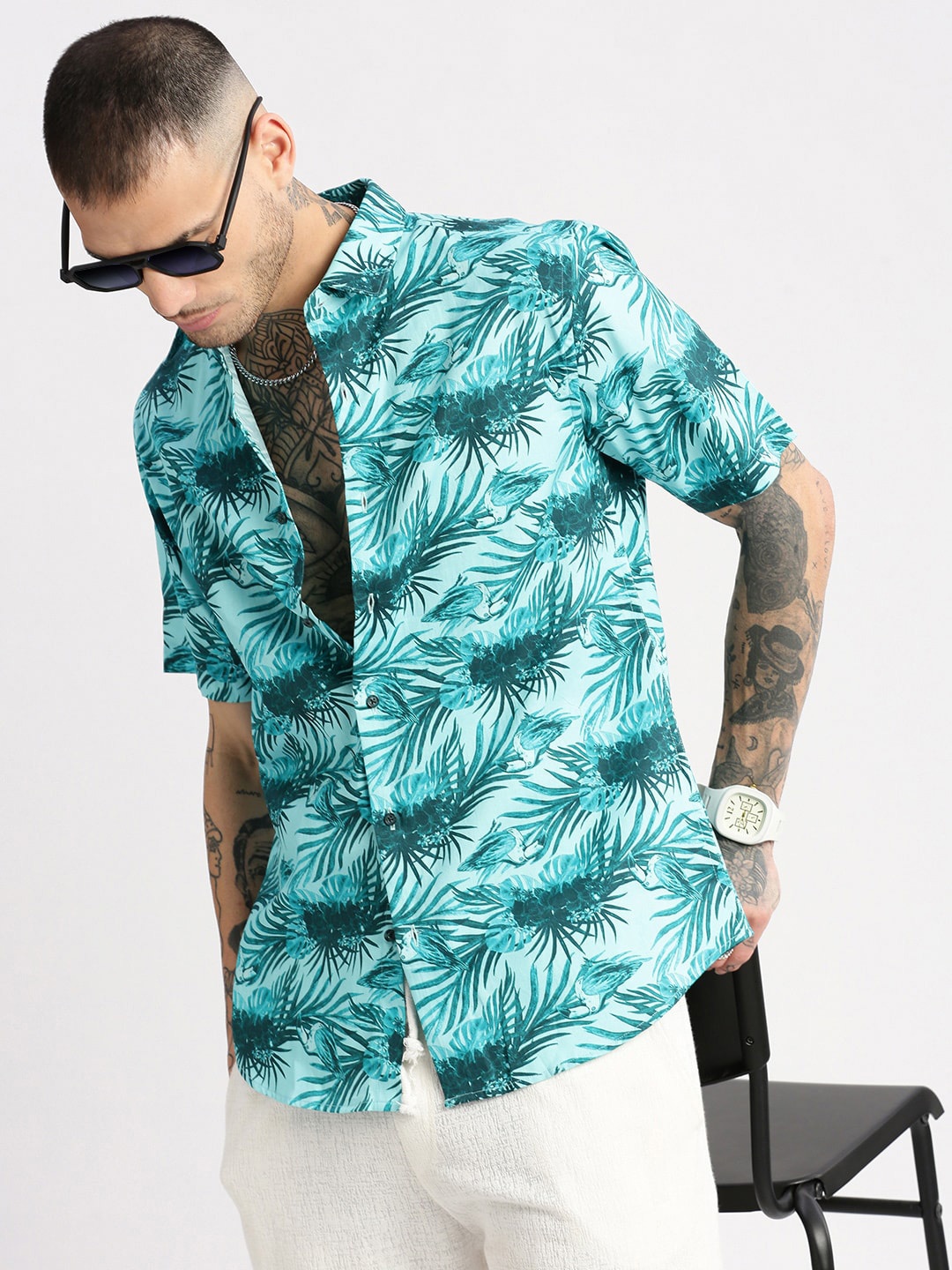 

SHOWOFF Smart Slim Fit Tropical Printed Twill Weave Cotton Casual Shirt, Turquoise blue