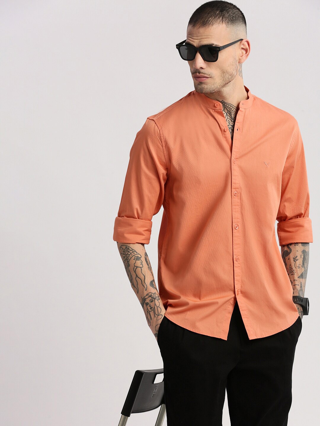 

SHOWOFF Premium Slim Fit Mandarin Collar Cotton Casual Shirt, Orange