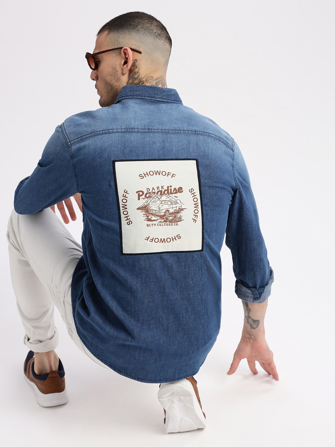 

SHOWOFF Standard Slim Fit Typography Printed Denim Casual Shirt, Blue