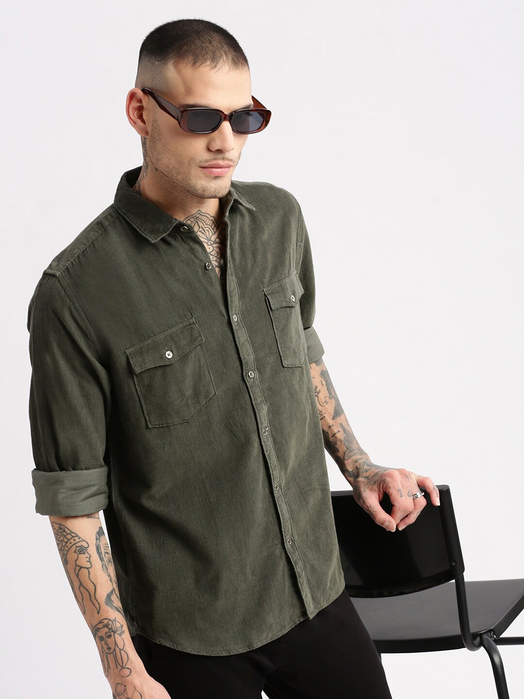 

SHOWOFF Smart Slim Fit Corduroy Casual Shirt, Olive