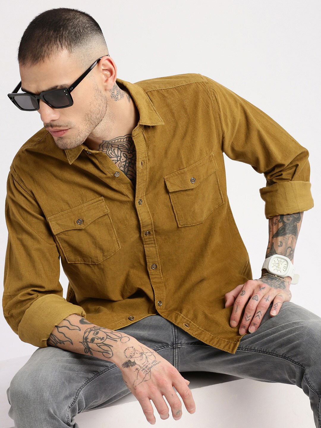 

SHOWOFF Smart Slim Fit Corduroy Casual Shirt, Khaki